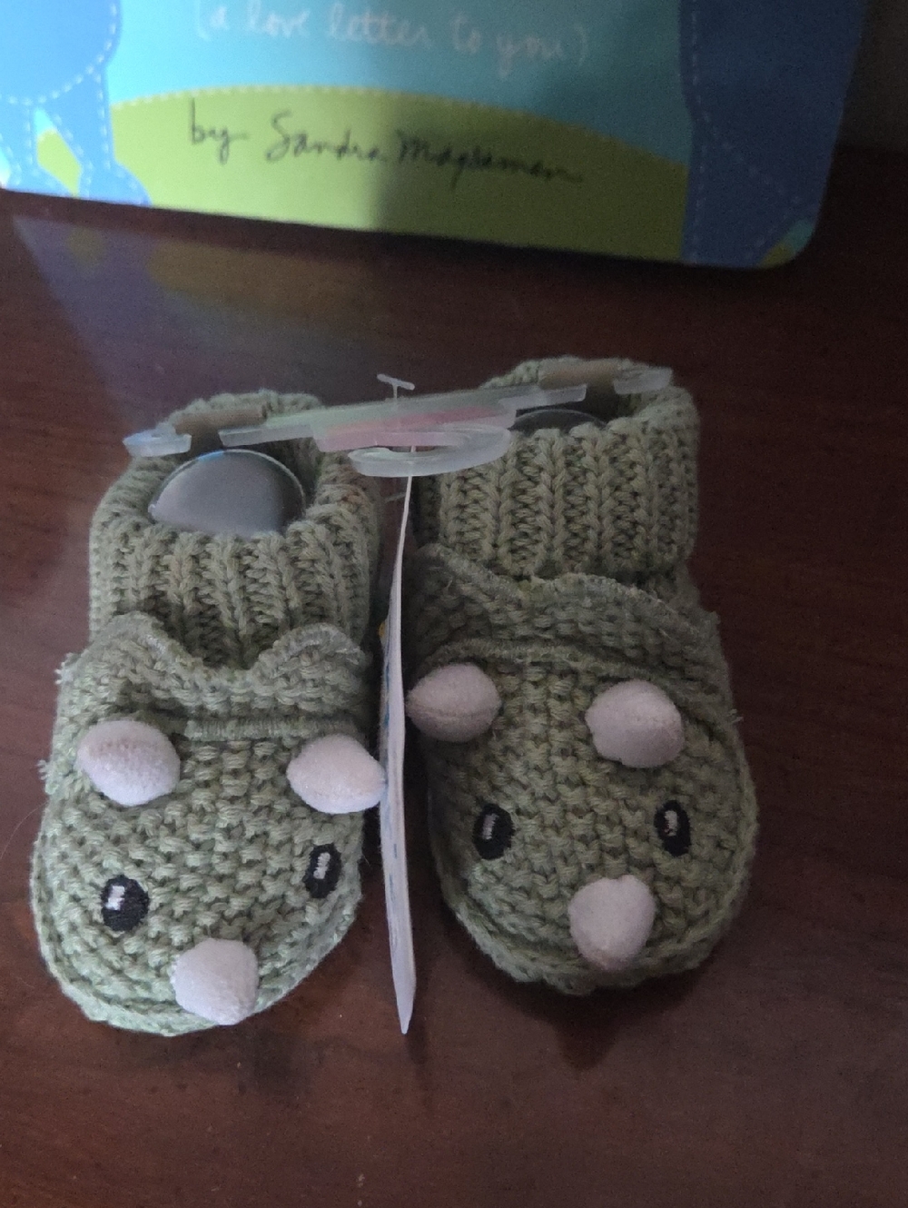 Baby Knit Dinosaur Booties - Olive Green